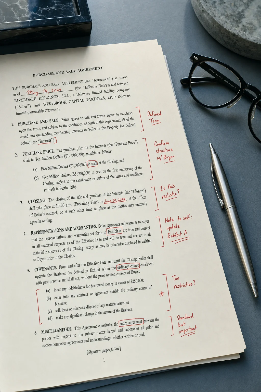 A typed contract page on a wooden desk with handwritten margin annotations in red ink, a pen and reading glasses beside it.