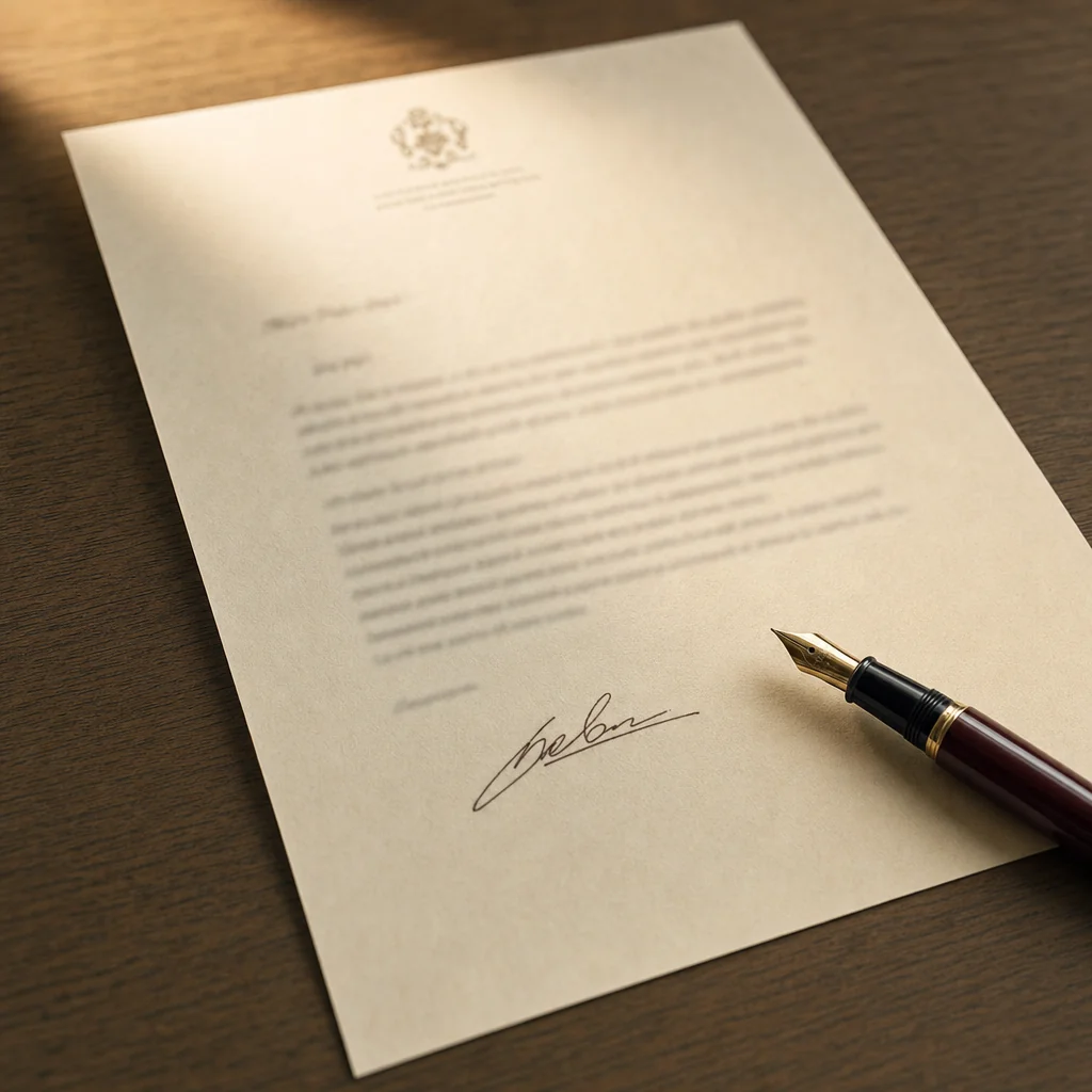 A fountain pen resting on a cream-toned letterhead with a fresh ink signature at the bottom.