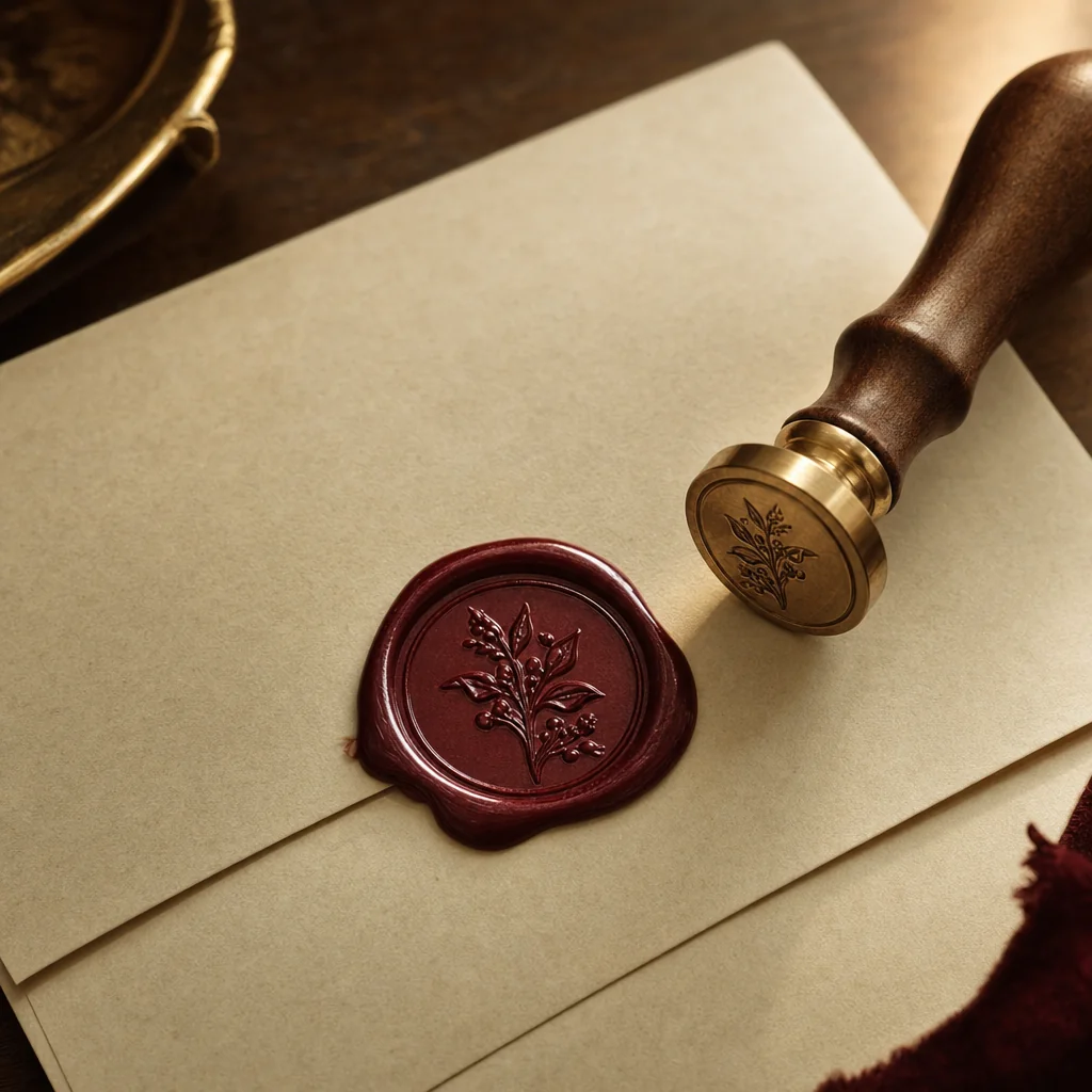A deep burgundy wax seal freshly pressed onto a folded document beside a brass embosser.