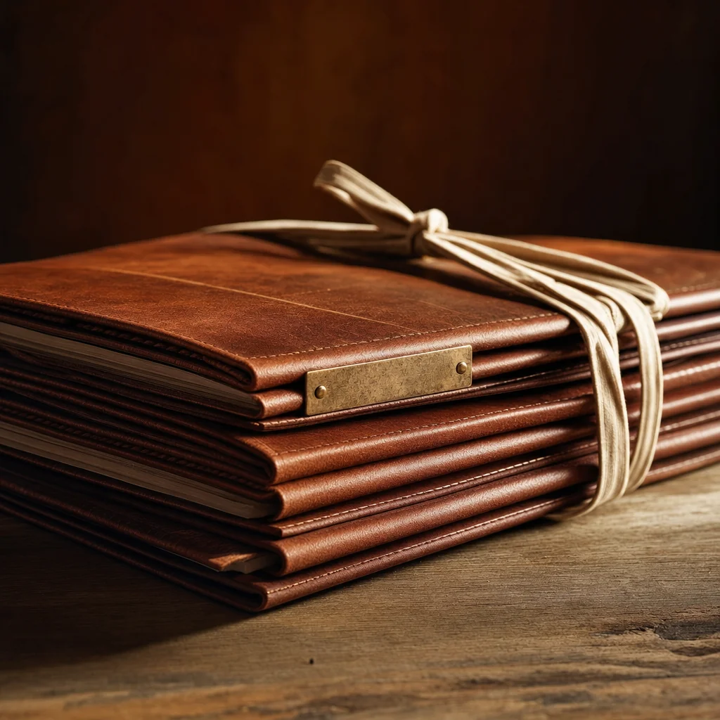 Three leather-bound document portfolios stacked and tied with a thin cotton ribbon.