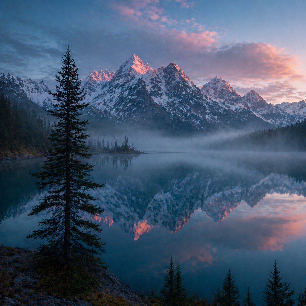 still alpine lake at dawn