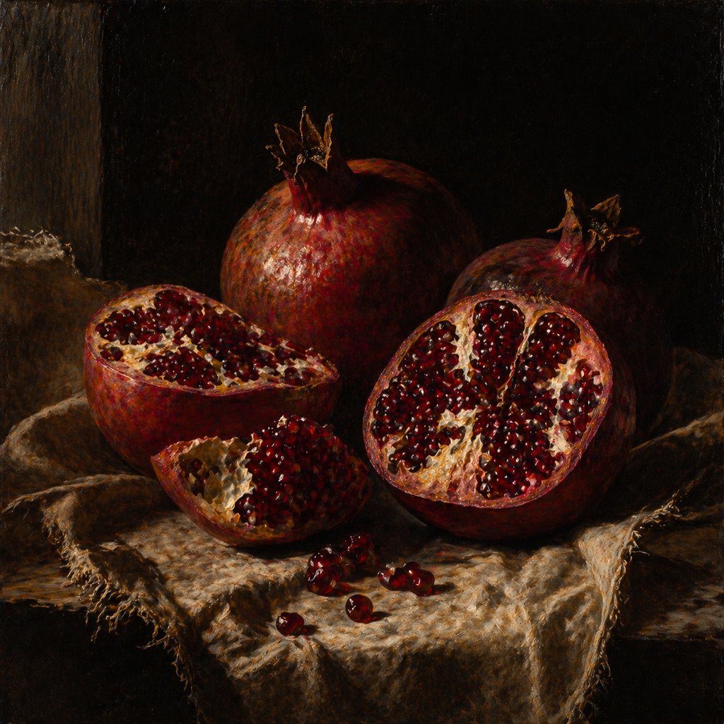 still life of pomegranates on linen