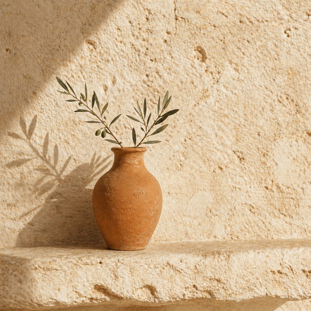 terracotta vessel with olive branch on a sunlit wall