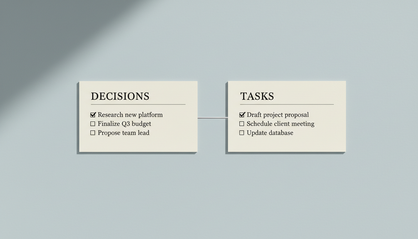Meeting summary tabs — Decisions, Action Items, Open Questions — with owner avatars