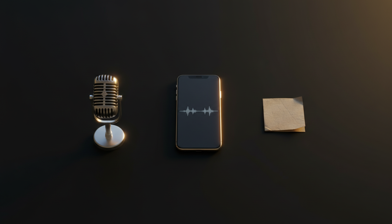 A microphone, a phone showing audio waveform, and a folded note arranged in a row