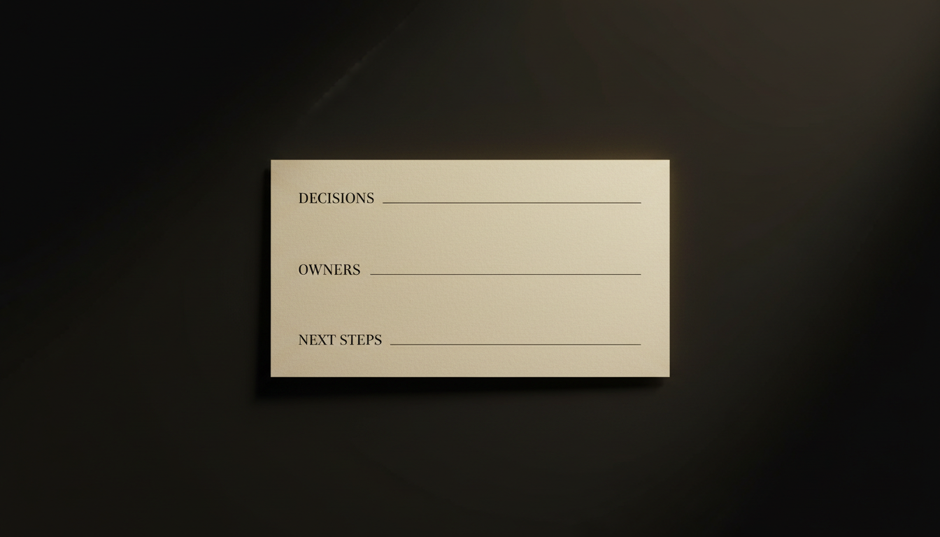 A single page with three labeled sections: Decisions, Owners, Next steps