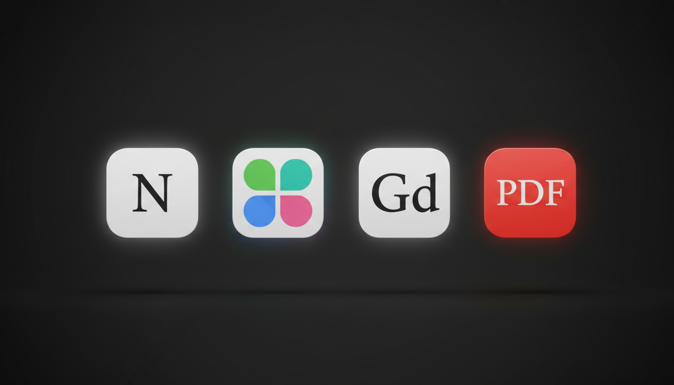 Four destination app icons in a row: Notion, Slack, Docs, PDF